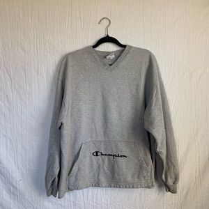 Vintage Champion Logo Grey Pullover V-Neck Sweatshirt Mens size Large